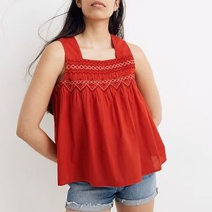 Madewell Shirt Womens M Red Blouse Tunic Smocked Embroidered Sleeveless Relaxed